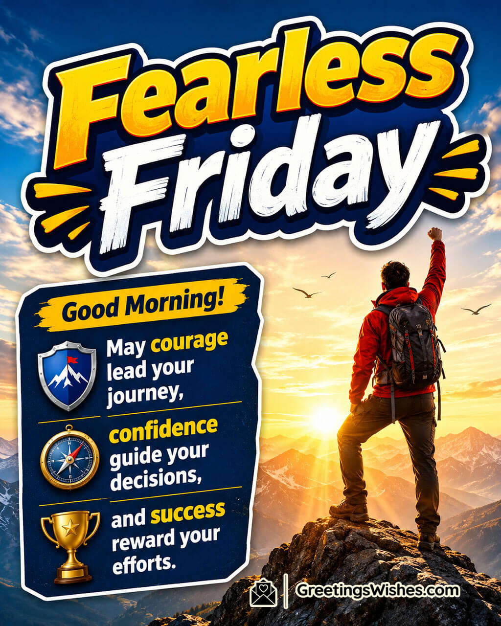 Fearless Friday Good Morning Blessings Image featuring a confident adventurer standing on a mountain peak at sunrise with symbols of courage, guidance, and achievement symbolizing confidence, determination, success, and a fearless start to Friday.