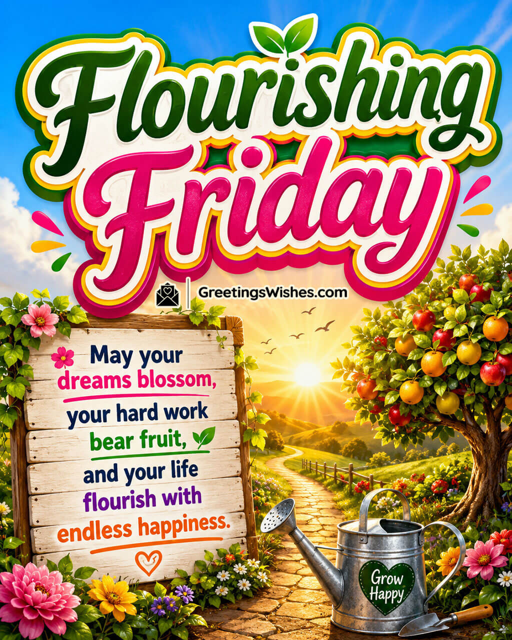 Flourishing Friday Morning Blessings and Wishes Image featuring a bright countryside sunrise, fruit laden trees, blooming flowers, a garden path, and a watering can symbolizing blossoming dreams, fruitful hard work, growth, and endless happiness.