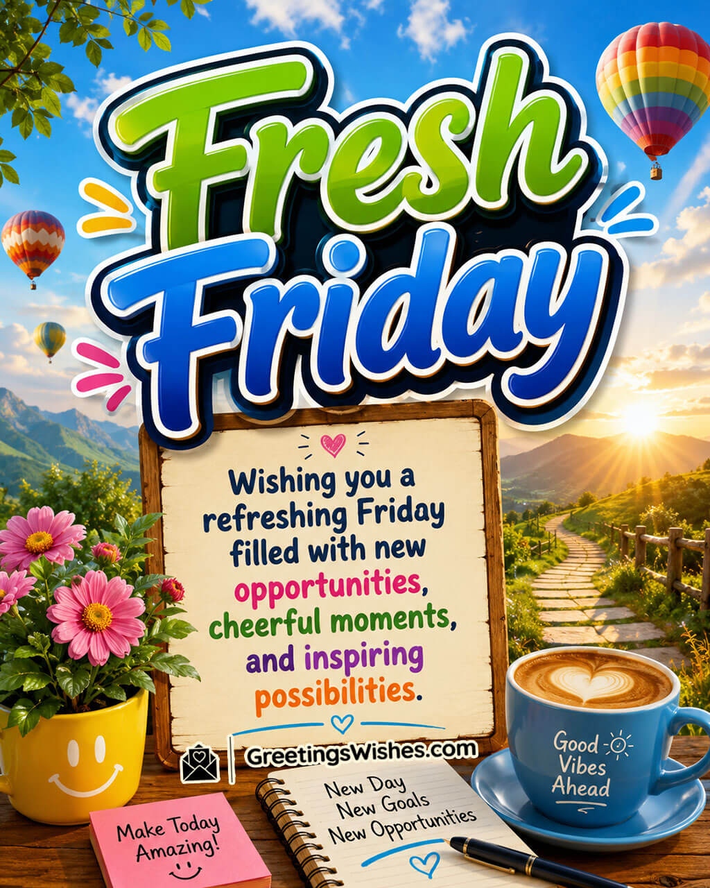 Fresh Friday Morning Motivation Image featuring a vibrant countryside sunrise, colourful hot air balloons, blooming flowers, a peaceful walking path, and a warm coffee cup symbolizing fresh opportunities, cheerful moments, inspiring possibilities, and a positive new day.