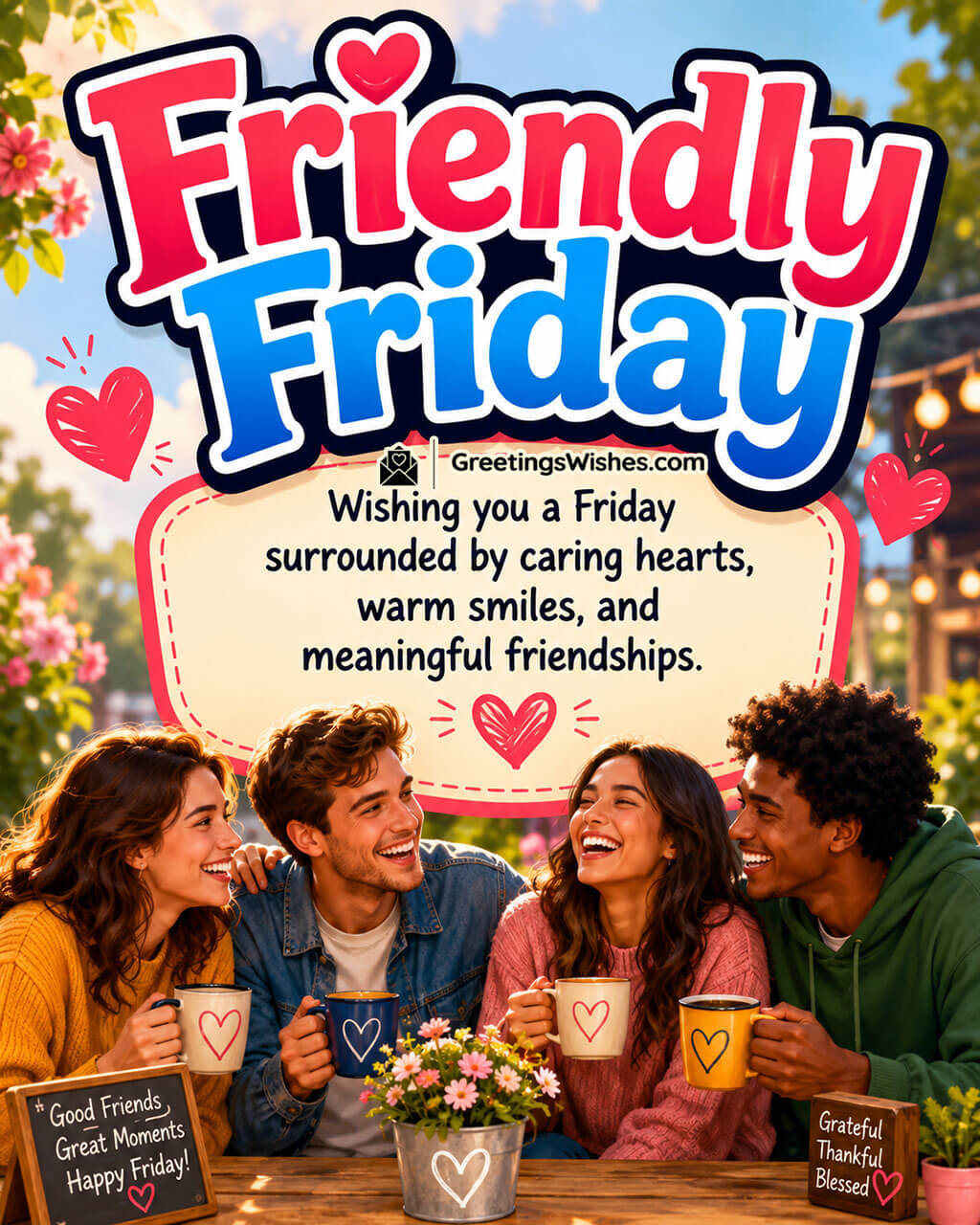 Friendly Friday Morning Wishes Image featuring cheerful friends sharing coffee, smiling together around a table with flowers and heart decorations symbolizing caring hearts, warm smiles, meaningful friendships, and the joy of spending Friday with loved ones.