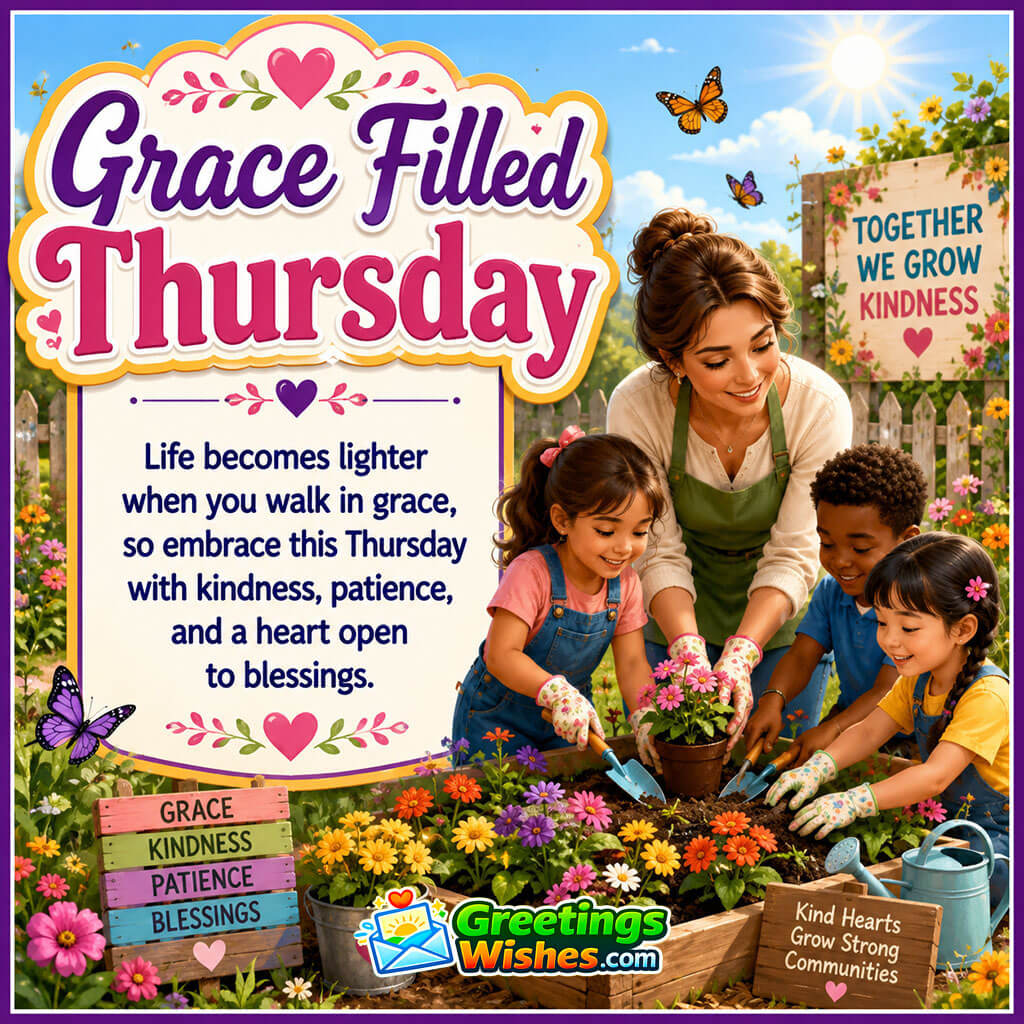Grace Filled Thursday Quote Image featuring a kind young teacher helping children plant colorful flowers in a vibrant community garden symbolizing grace and kindness.