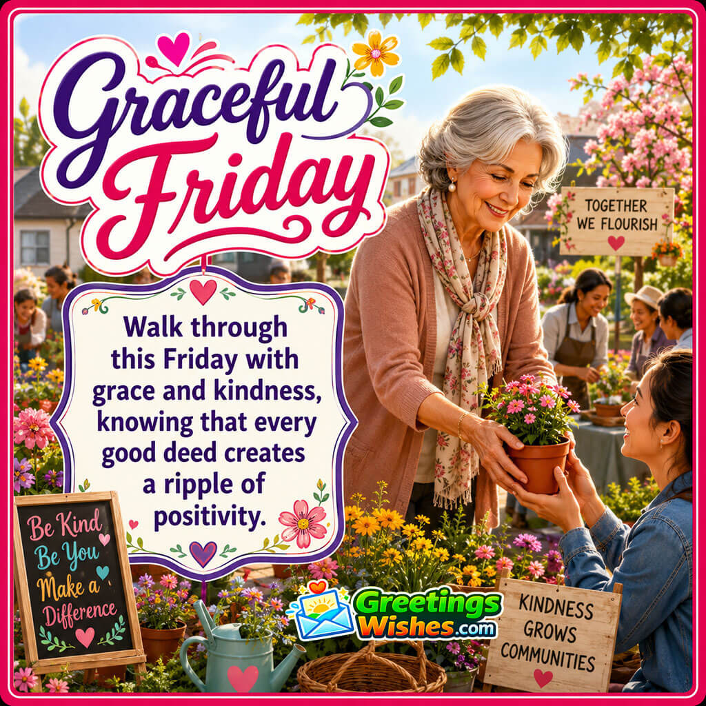 Graceful Friday Quote Image featuring a kind elderly woman helping others in a flower filled community setting symbolizing kindness and positive influence.