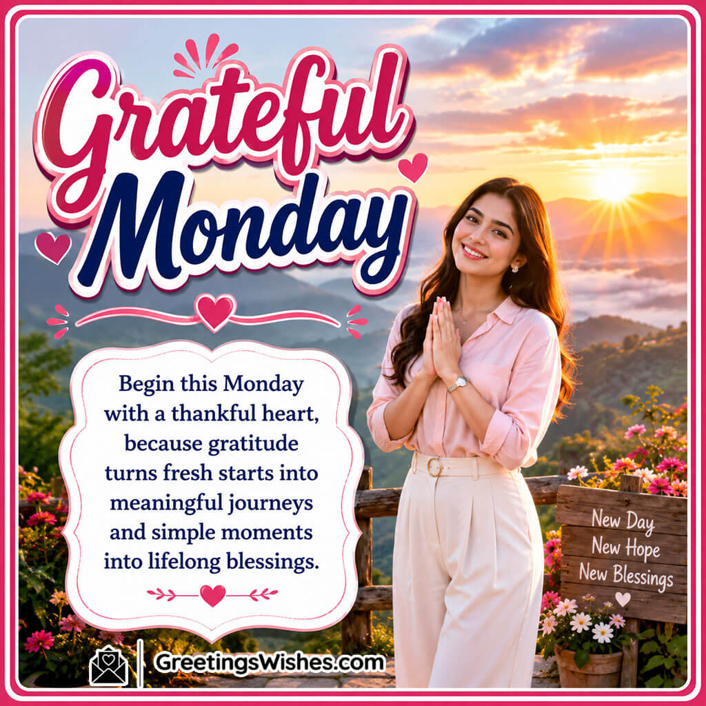 Grateful Monday Quote Image featuring a cheerful young woman with a grateful smile at a scenic sunrise viewpoint symbolizing gratitude, fresh beginnings, and positivity.