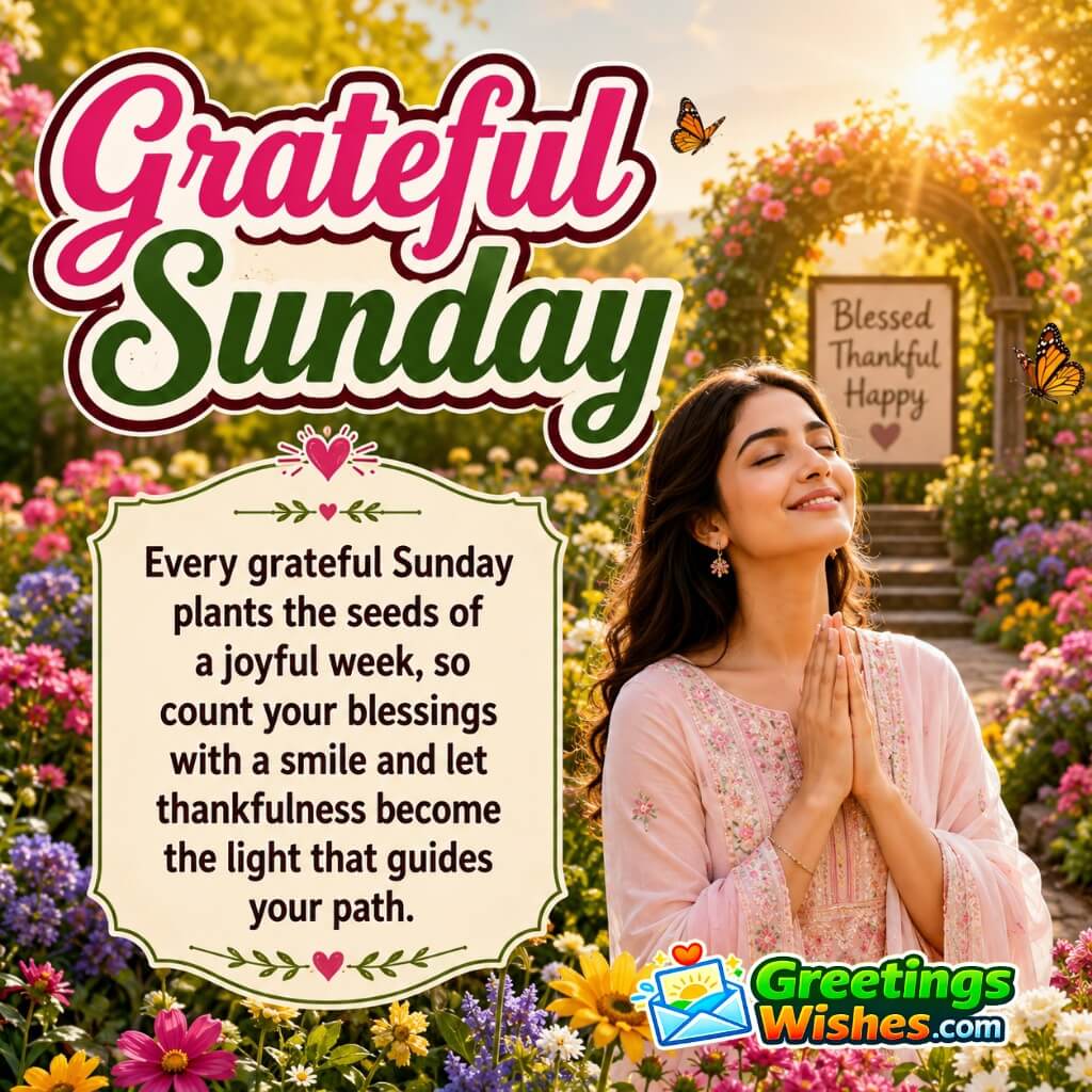 Grateful Sunday Quote Image featuring a grateful young woman with folded hands in a vibrant flower garden symbolizing thankfulness, inner peace, and blessings.