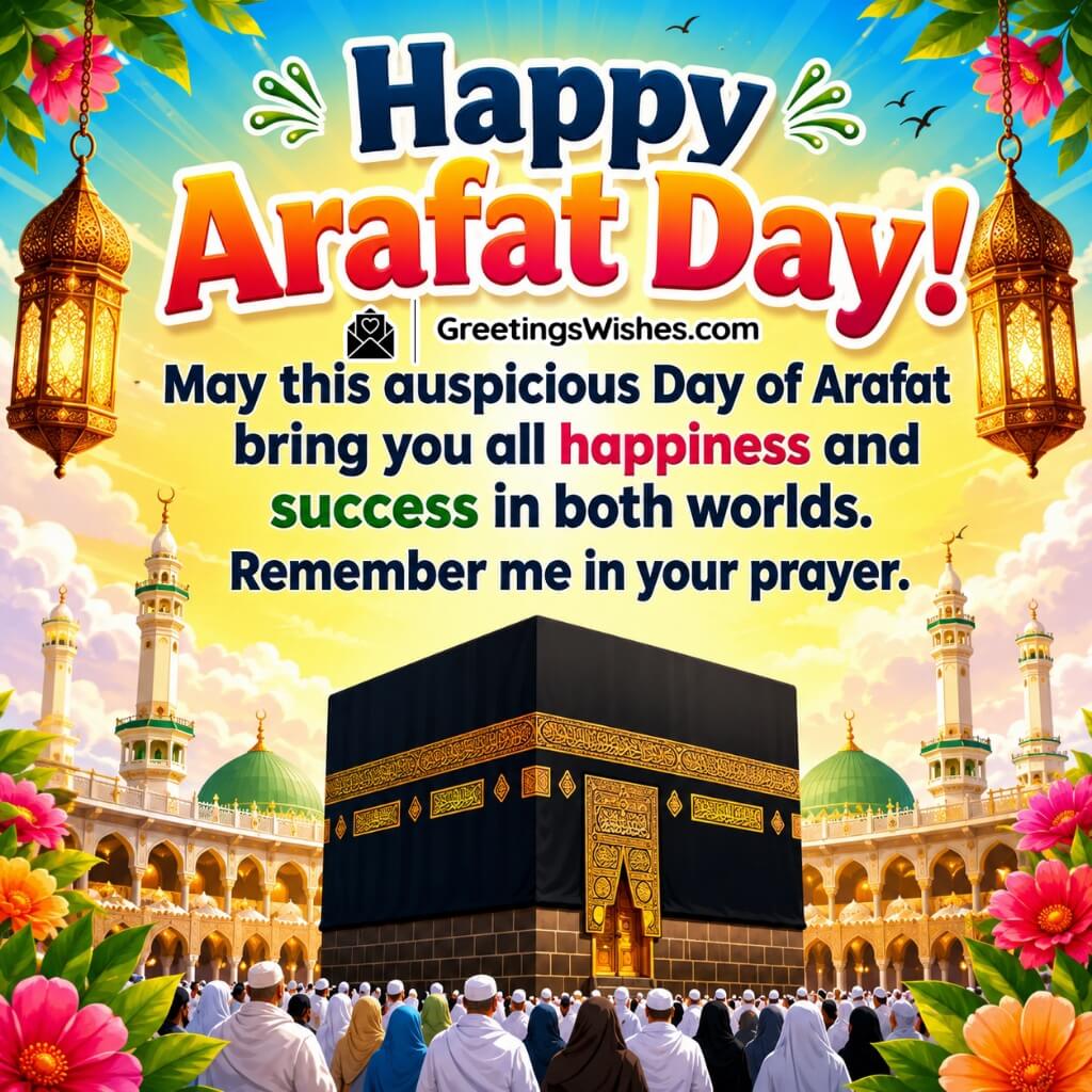 Happy Arafat Day Wishes and Prayer Image featuring pilgrims gathered around the Holy Kaaba with colorful floral decorations symbolizing happiness, success, and heartfelt prayers.