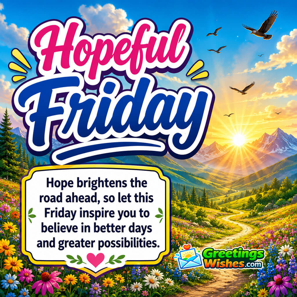 Hopeful Friday Quote Image featuring radiant sunshine beyond distant mountains, colorful wildflowers, and soaring birds symbolizing hope and brighter possibilities.