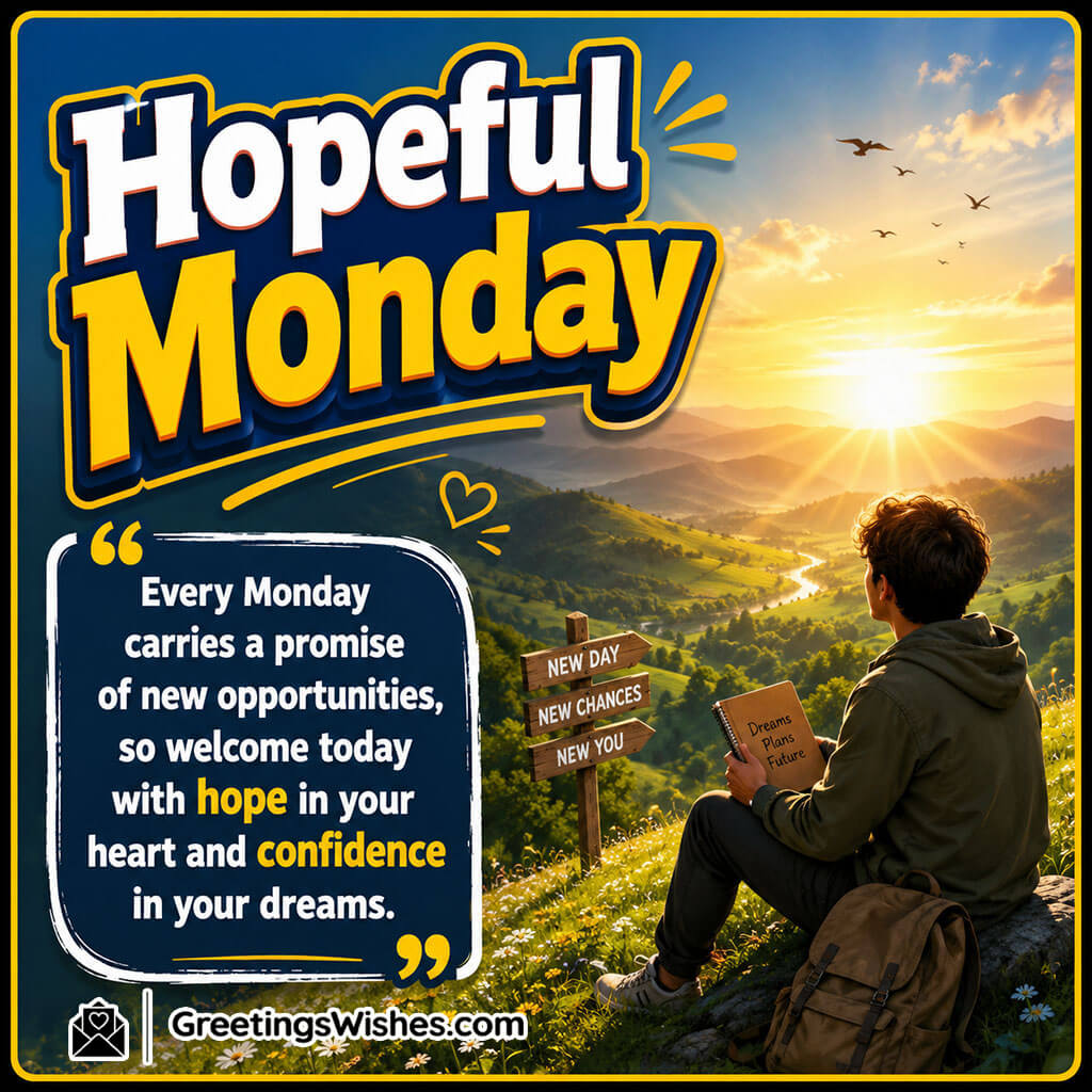 Hopeful Monday Quote Image featuring a hopeful young man watching the first rays of sunlight from a green hill symbolizing optimism and new opportunities.