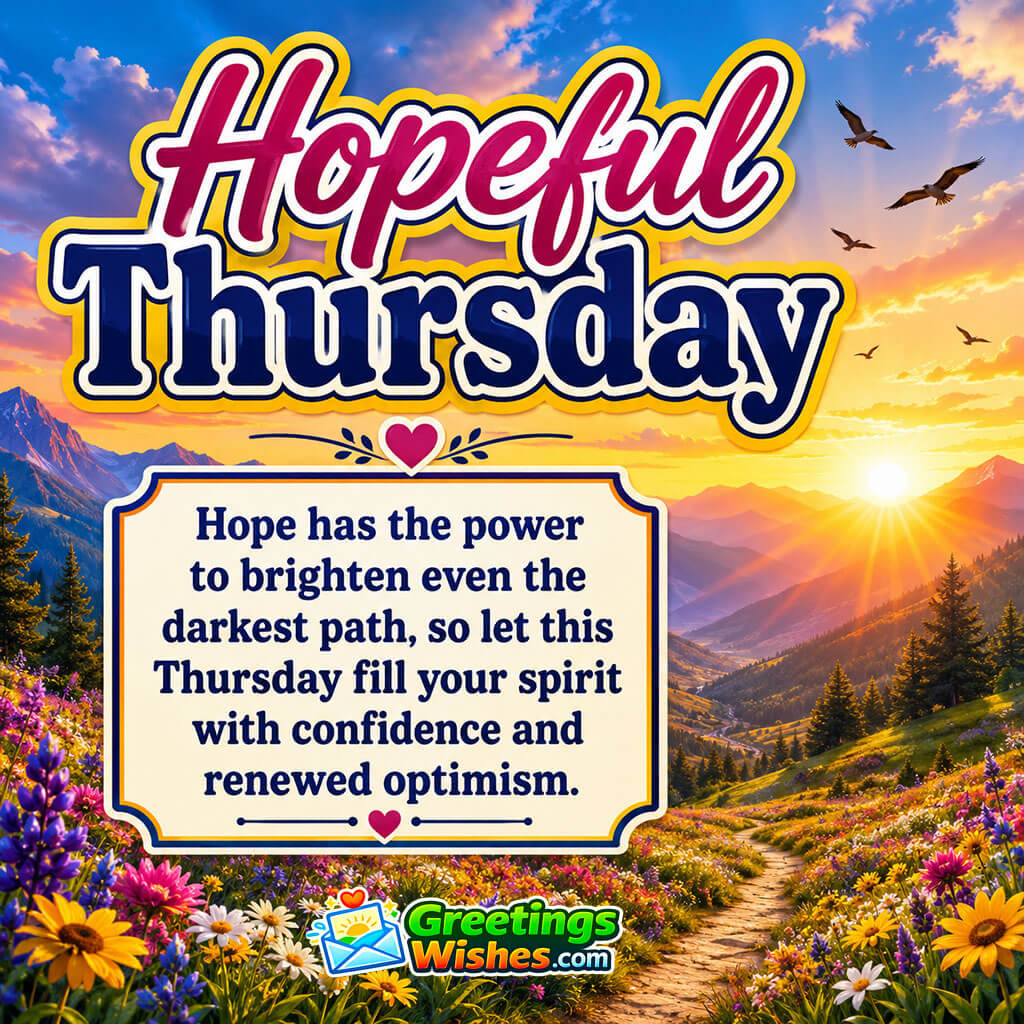 Hopeful Thursday Quote Image featuring a radiant sunrise beyond distant mountains with blooming wildflowers and soaring birds symbolizing hope and optimism.