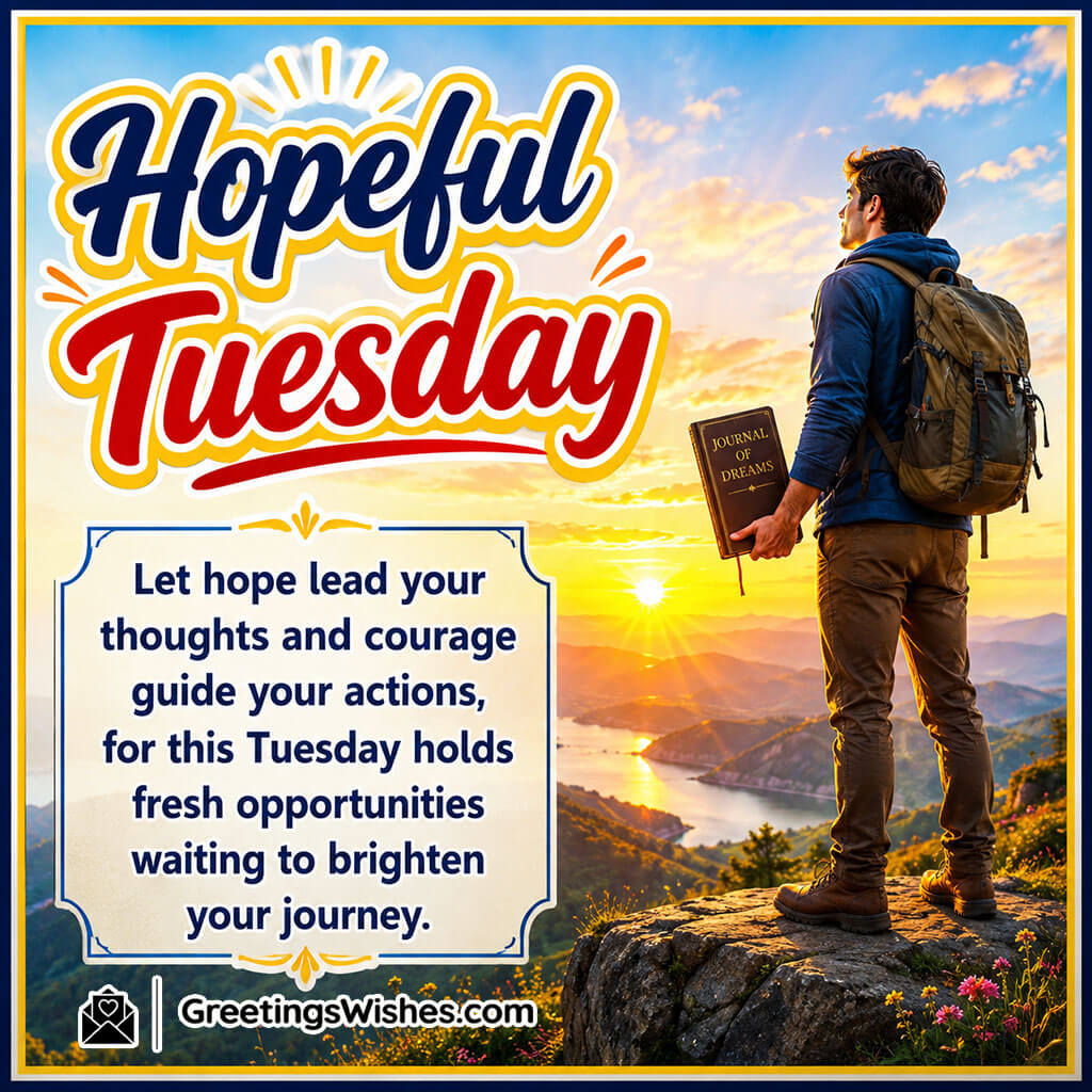 Hopeful Tuesday Quote Image featuring a hopeful young man overlooking a sunrise from a scenic cliff symbolizing optimism and fresh opportunities.