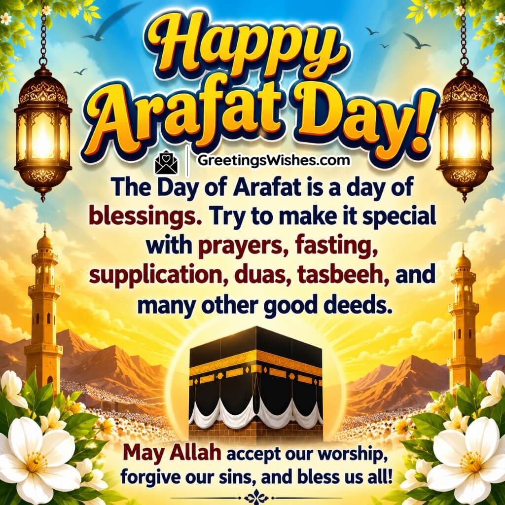 Inspirational Arafat Day Wishes Image featuring the Holy Kaaba with radiant sunlight, lanterns, and worshippers symbolizing good deeds, prayer, fasting, and spiritual growth.