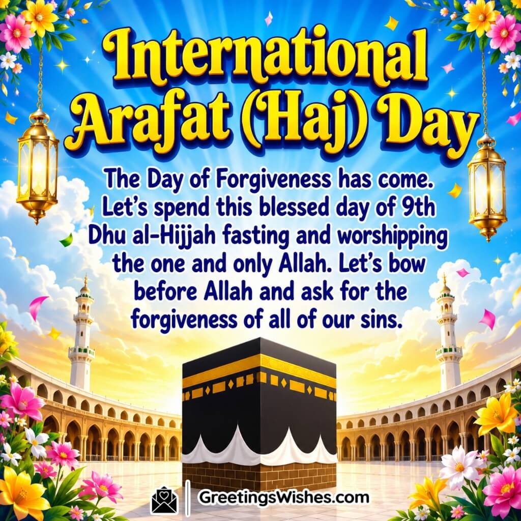 International Arafat Day Greetings Image featuring the Holy Kaaba in a bright mosque courtyard with festive floral decorations symbolizing forgiveness, worship, and devotion to Allah.