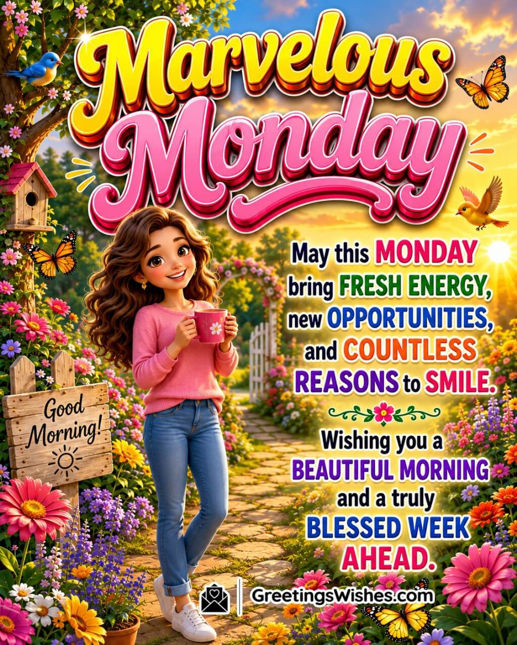Marvelous Monday Morning Blessings Wish Image featuring a cheerful person in a colorful flower garden with butterflies, birds, and golden sunrise light symbolizing fresh energy, new opportunities, and a blessed start to the week.