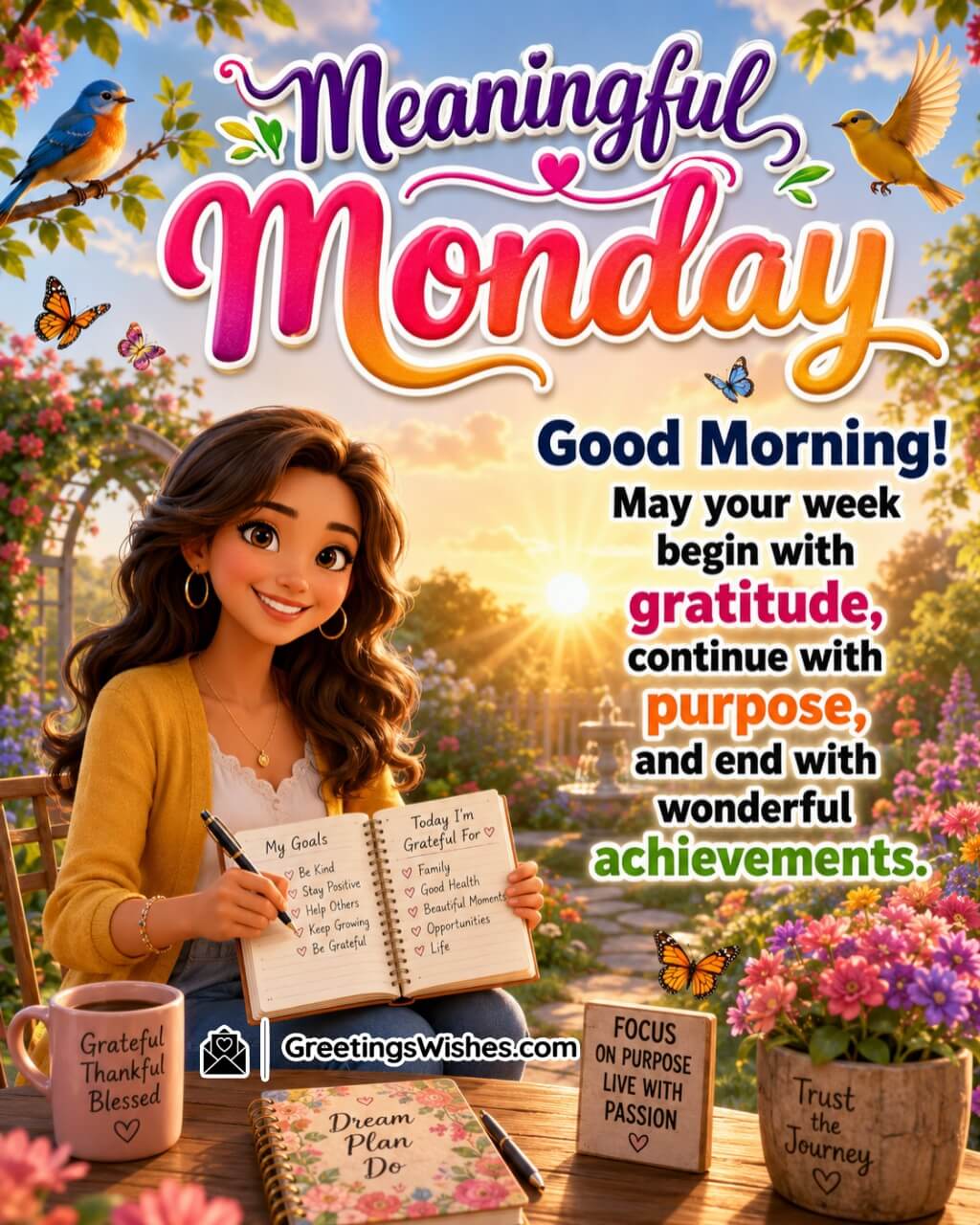 Meaningful Monday Gratitude Message Image featuring a joyful person in a peaceful park with flowers and morning sunlight symbolizing gratitude, purpose, and achievement.