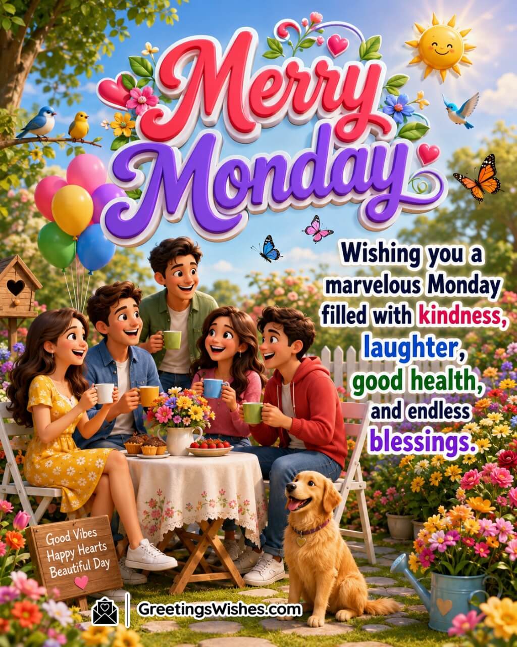Merry Monday Happiness and Blessings Image featuring a smiling person surrounded by colorful flowers, birds, and bright sunshine symbolizing kindness, laughter, health, and blessings.