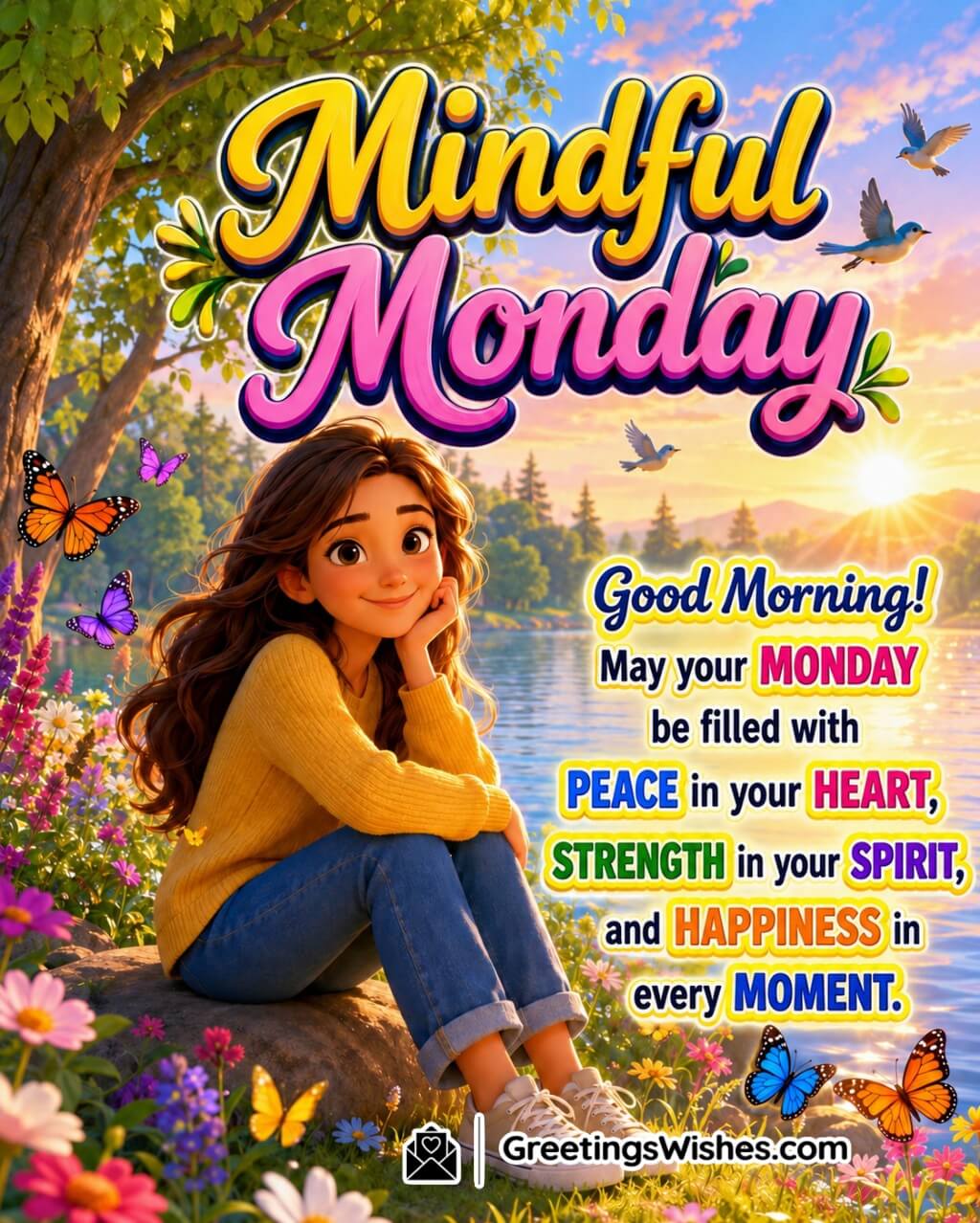 Mindful Monday Peaceful Morning Wish Image featuring a calm person surrounded by flowers, greenery, and soft morning sunshine symbolizing inner peace, strength, and happiness.