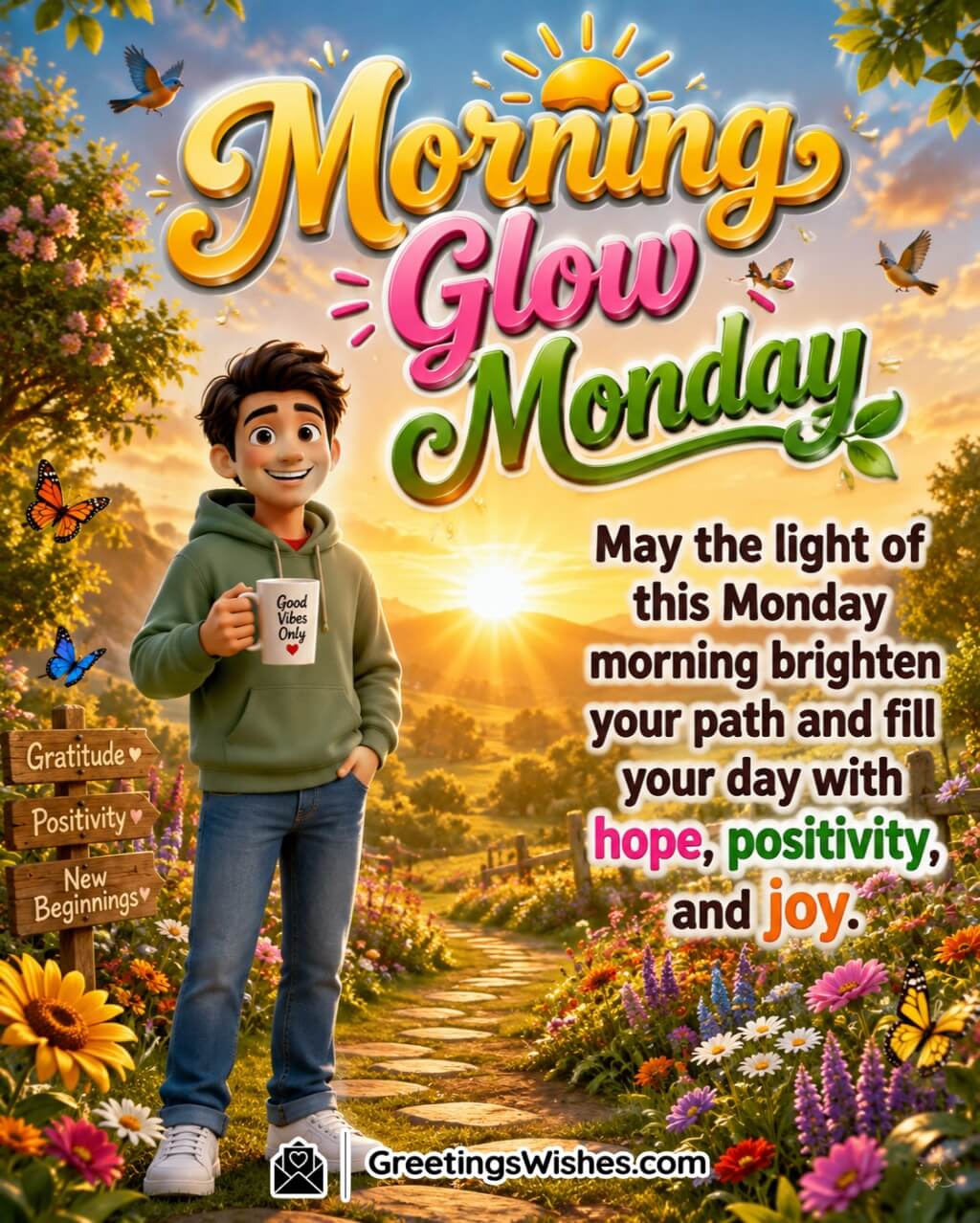 Morning Glow Monday Inspirational Wish Image featuring a cheerful person enjoying radiant sunrise light among colorful flowers and butterflies symbolizing hope, positivity, and joy.