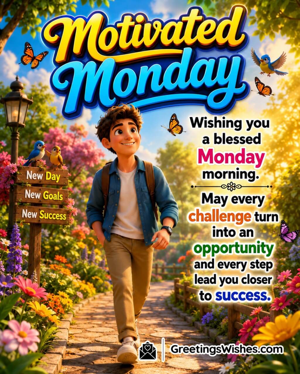 Motivated Monday Success Message Image featuring a confident person walking through a bright garden path with blooming flowers and sunrise light symbolizing determination, opportunity, and success.