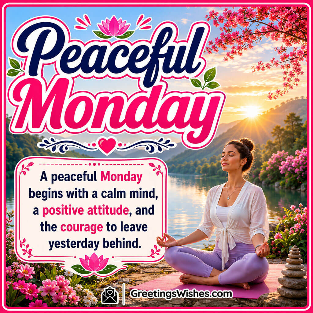 Peaceful Monday Quote Image featuring a peaceful yoga instructor meditating beside a calm lake surrounded by blooming flowers symbolizing balance and inner peace.
