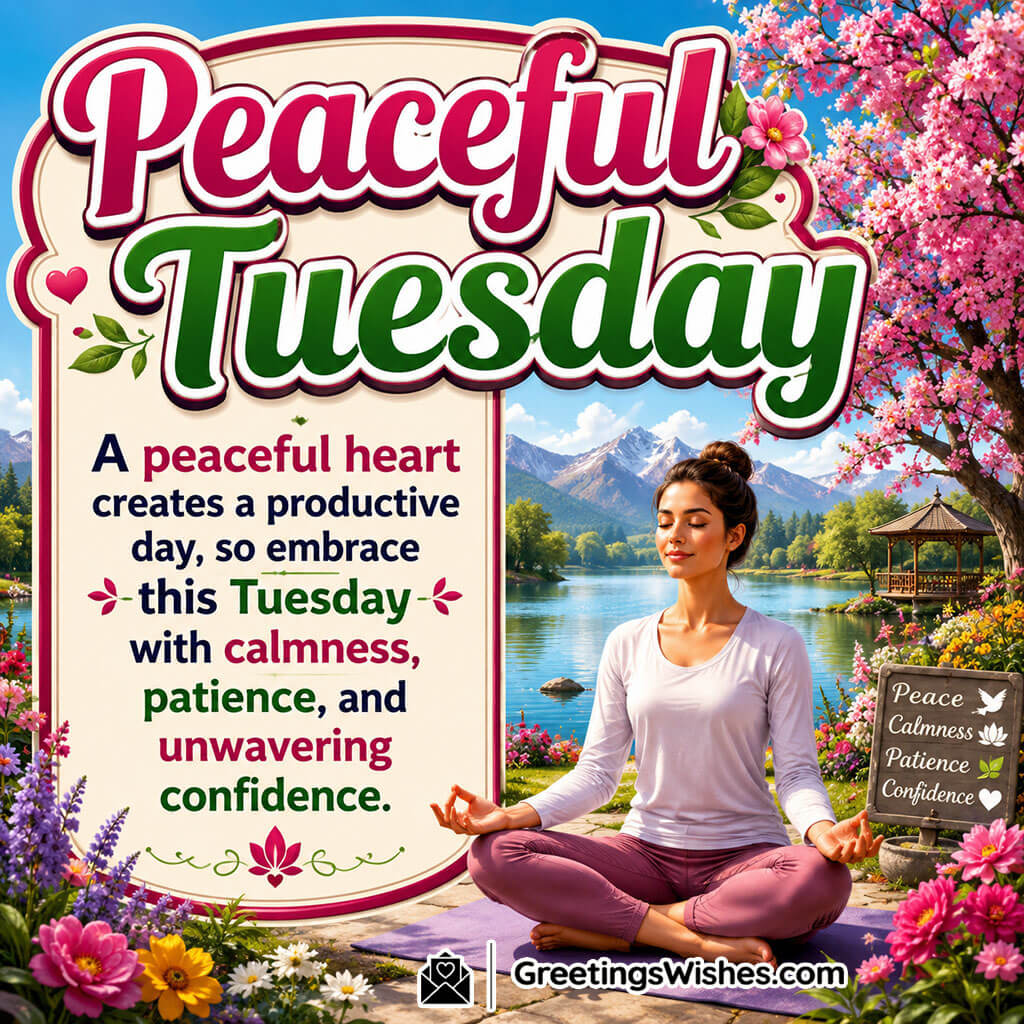 Peaceful Tuesday Quote Image featuring a peaceful yoga practitioner meditating in a colorful lakeside garden symbolizing calmness and inner peace.