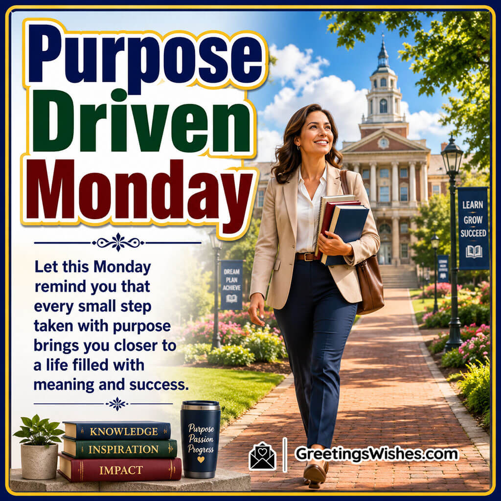 Purpose Driven Monday Quote Image featuring a confident school teacher walking toward a beautiful campus symbolizing purpose and meaningful success.