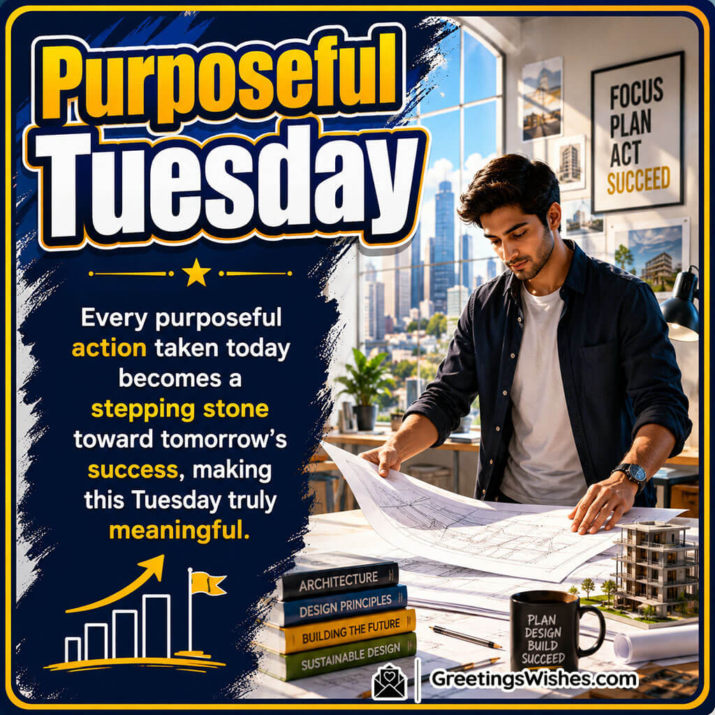 Purposeful Tuesday Quote Image featuring a dedicated young architect reviewing plans in a bright creative studio symbolizing purpose and progress.
