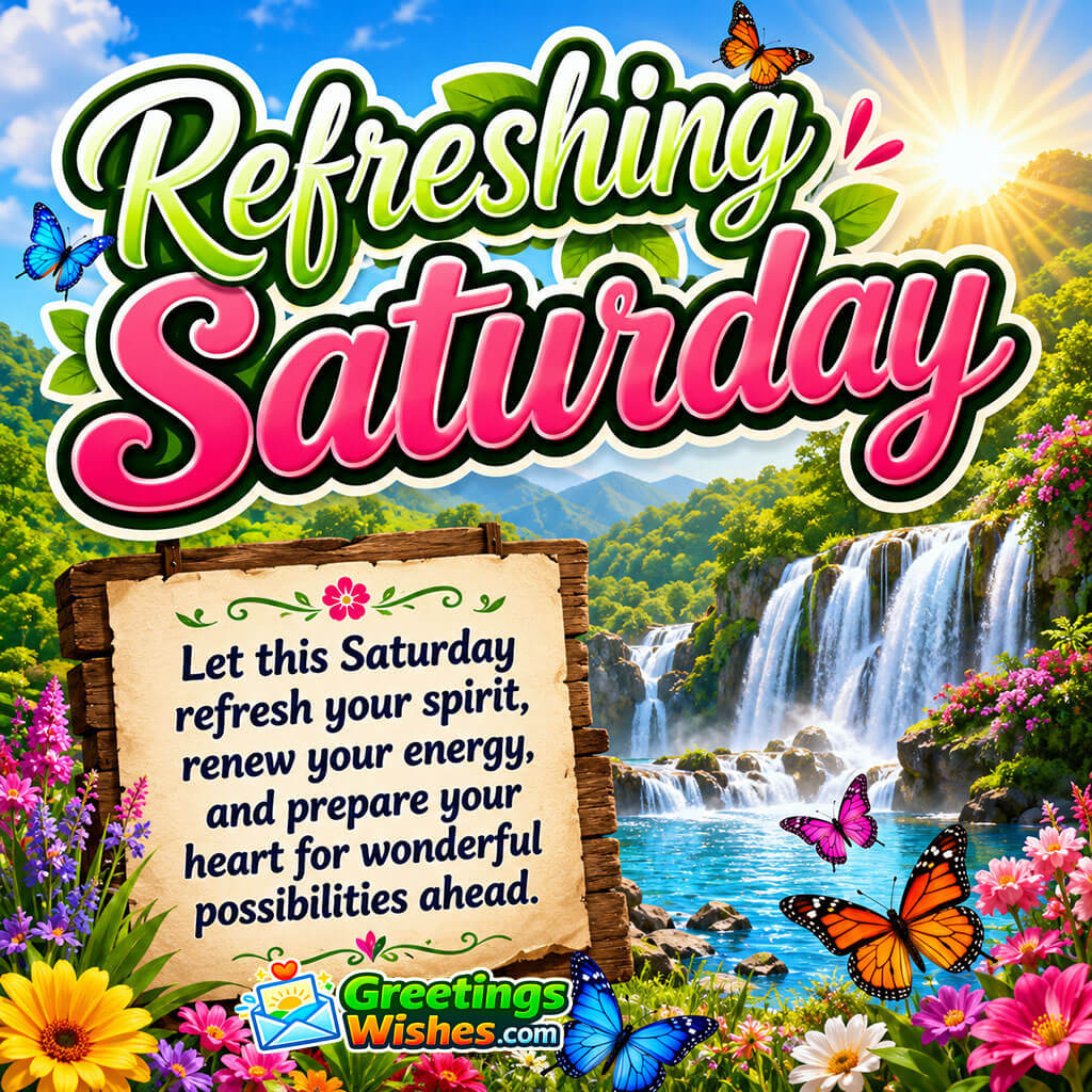Refreshing Saturday Quote Image featuring waterfalls, blooming flowers, green hills, butterflies, and bright sunshine symbolizing renewal and positivity.