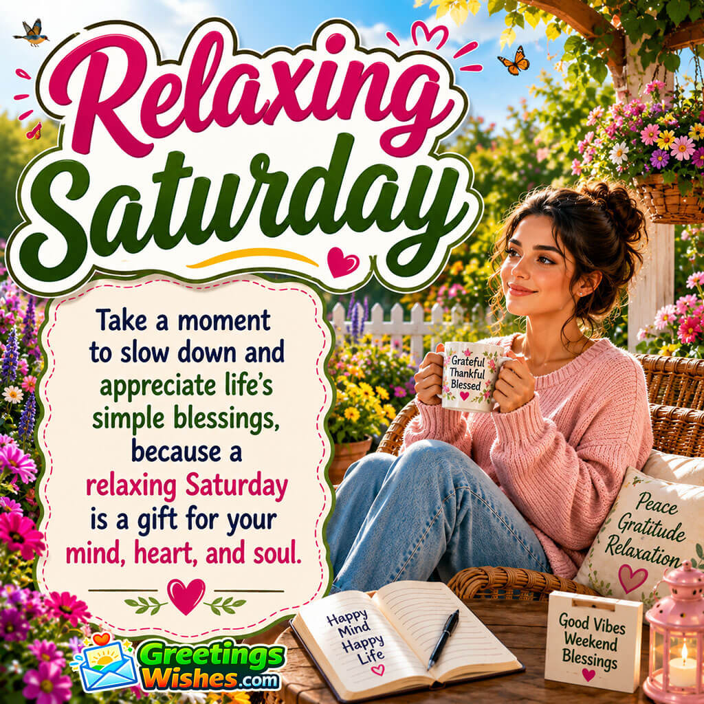 Relaxing Saturday Quote Image featuring a peaceful young woman enjoying a calm morning in a flower filled garden symbolizing relaxation, gratitude, and weekend comfort.