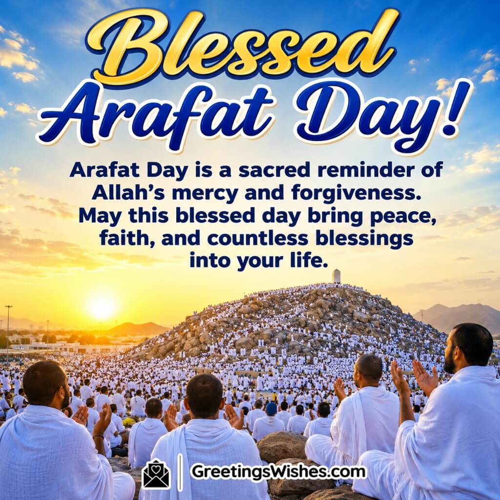 Religious Arafat Day Faith Message Image featuring worshippers praying before Mount Arafat under a glowing sky symbolizing forgiveness, devotion, and spiritual reflection.