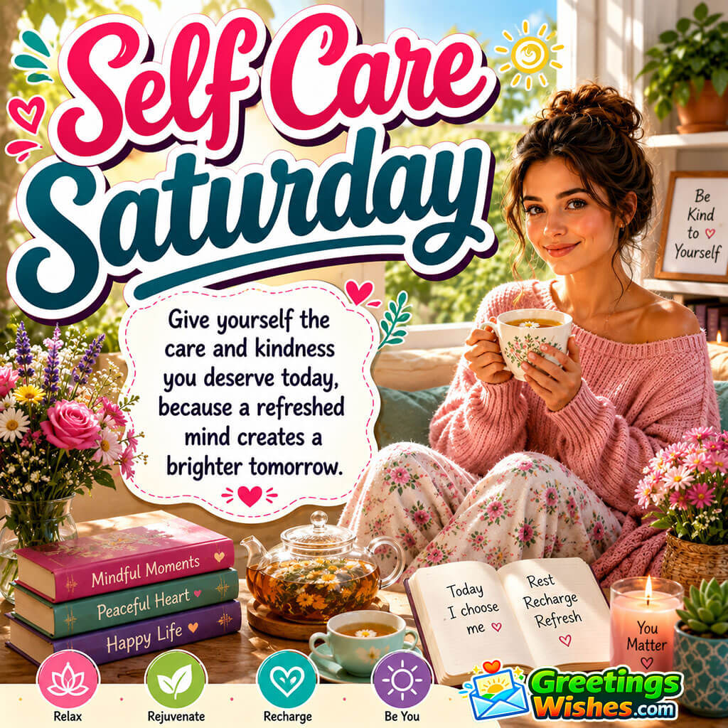 Self Care Saturday Quote Image featuring a peaceful young woman enjoying books, herbal tea, and flowers in a cozy weekend setting symbolizing wellness and self care.