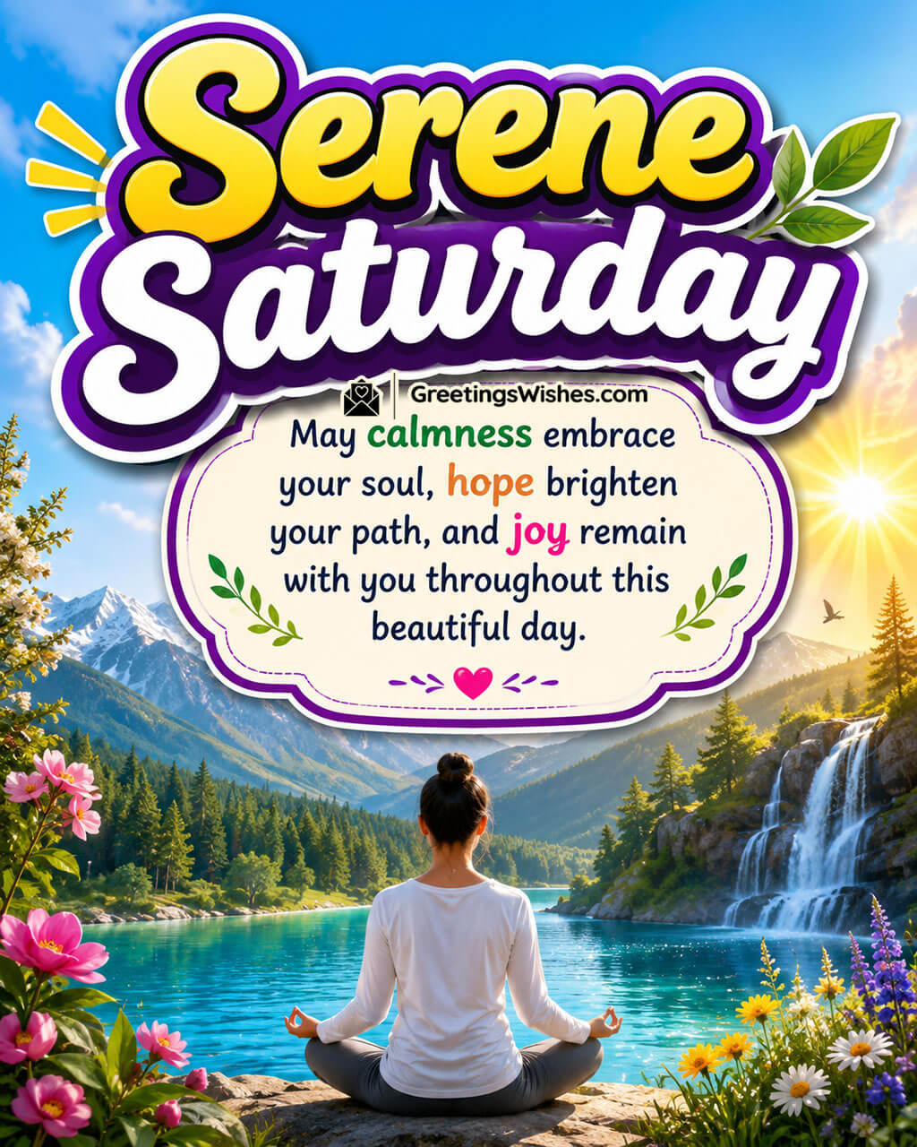 Serene Saturday Peace and Calm Wishes Image featuring a person meditating beside a mountain lake and waterfall symbolizing calmness, hope, and inner peace.