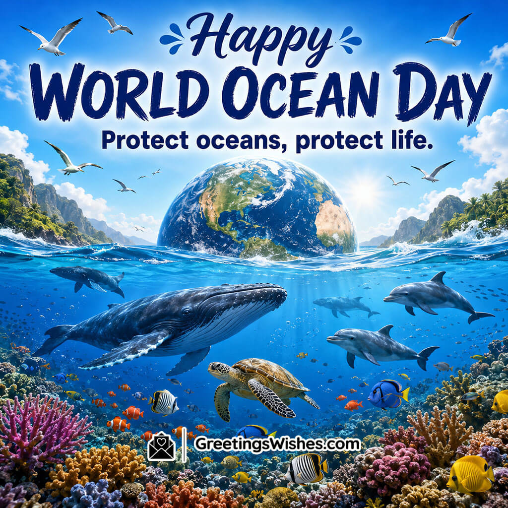 Short World Ocean Day Caption Image featuring a majestic ocean filled with whales, dolphins, sea turtles, colorful fish, coral reefs, seabirds, and a healthy Earth above the horizon symbolizing biodiversity, ocean conservation, and the connection between oceans and all life on Earth.