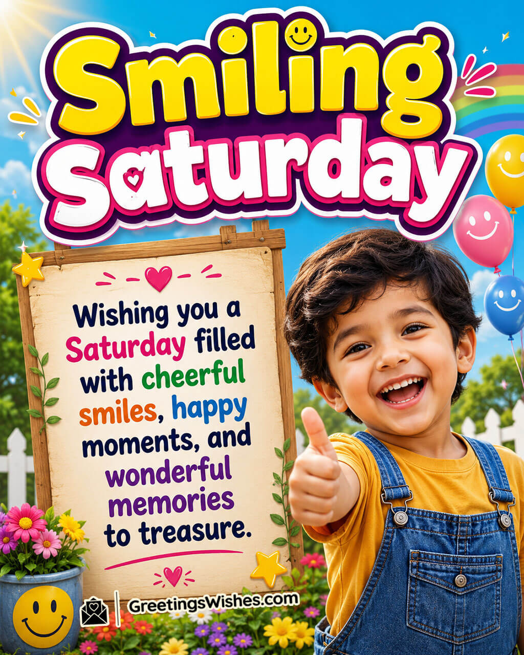 Smiling Saturday Happy Moments Image featuring a joyful child with balloons and flowers symbolizing cheerful smiles, happy moments, and treasured memories.