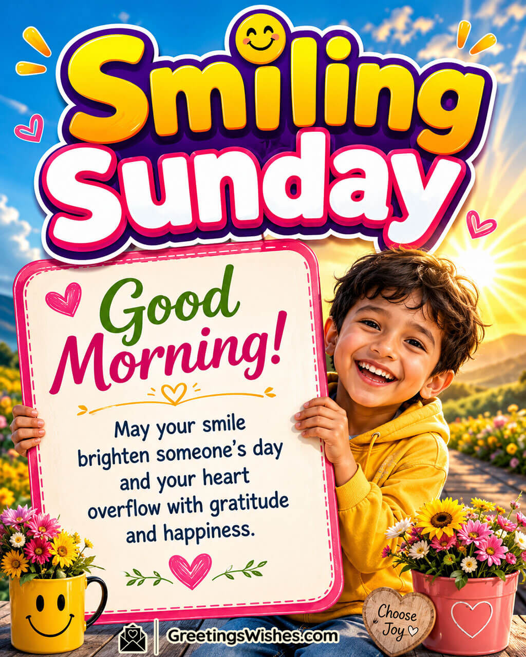 Smiling Sunday Morning Greeting Image featuring a warm smiling expression and bright morning elements symbolizing gratitude and happiness.