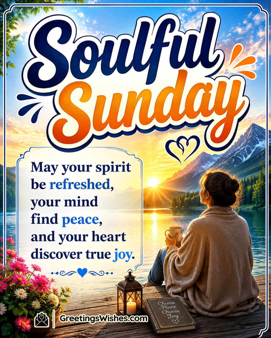 Soulful Sunday Morning Blessings Image featuring a peaceful reflective setting symbolizing inner peace, strength, and true joy.