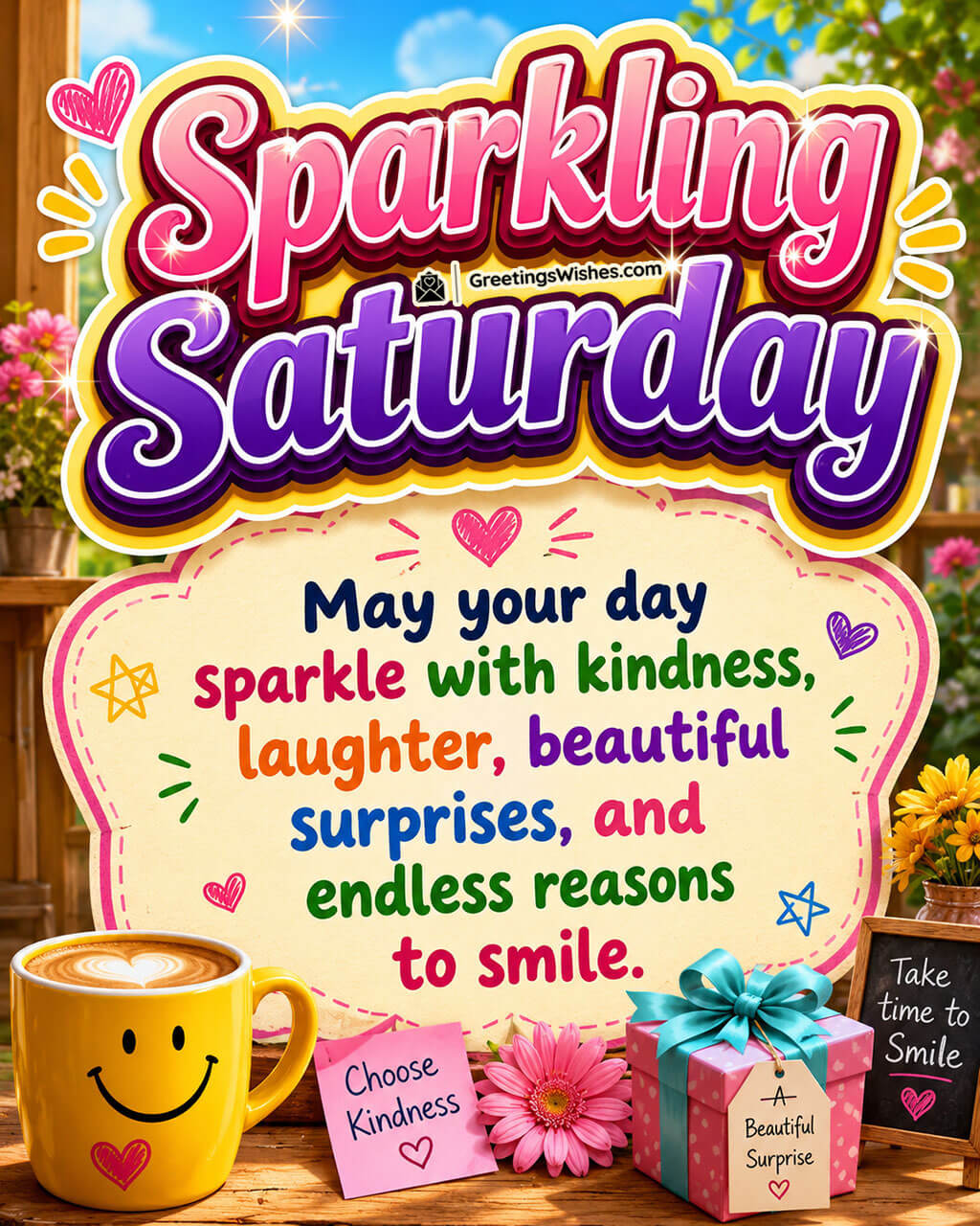 Sparkling Saturday Kindness and Smile Wishes Image featuring a coffee mug, flowers, and a gift box symbolizing kindness, laughter, and reasons to smile.