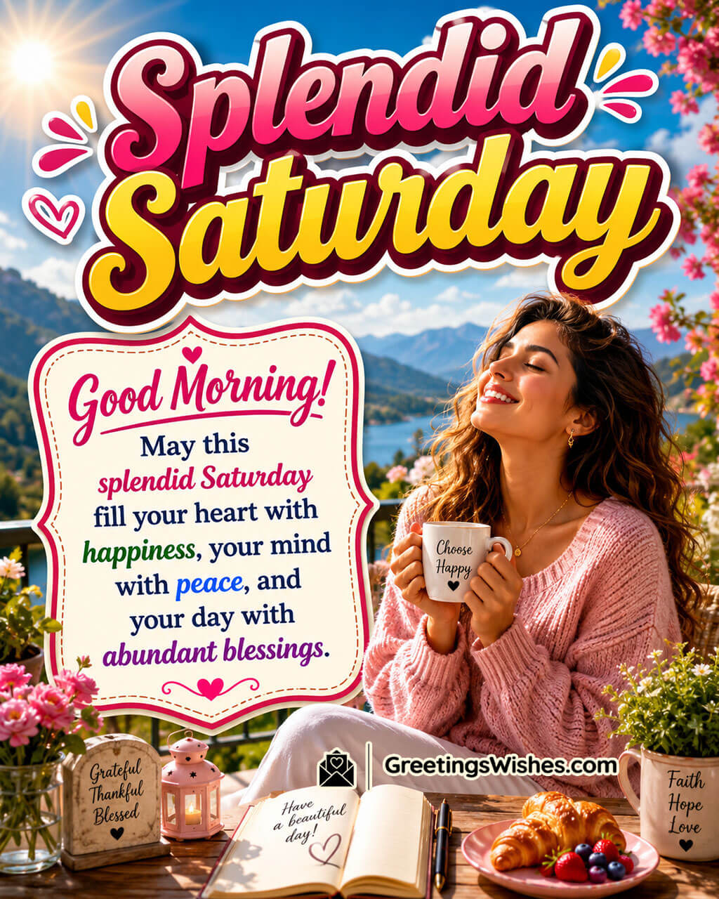 Splendid Saturday Good Morning Blessings Image featuring a smiling woman with a coffee mug, flowers, and a scenic lakeside view symbolizing happiness, peace, and abundant blessings.