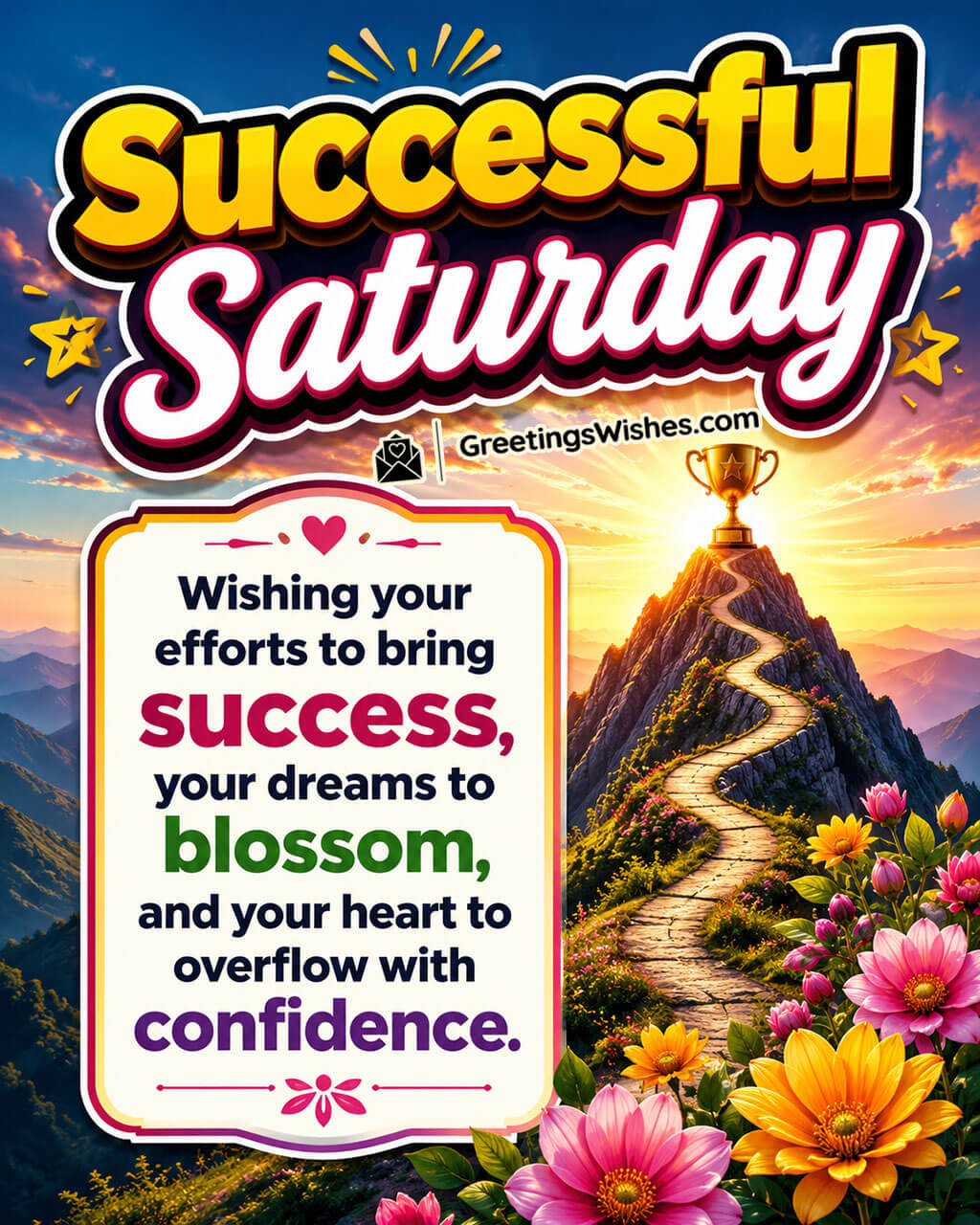 Successful Saturday Motivation and Success Wishes Image featuring a mountain path leading to a trophy at the summit symbolizing success, confidence, and blossoming dreams.