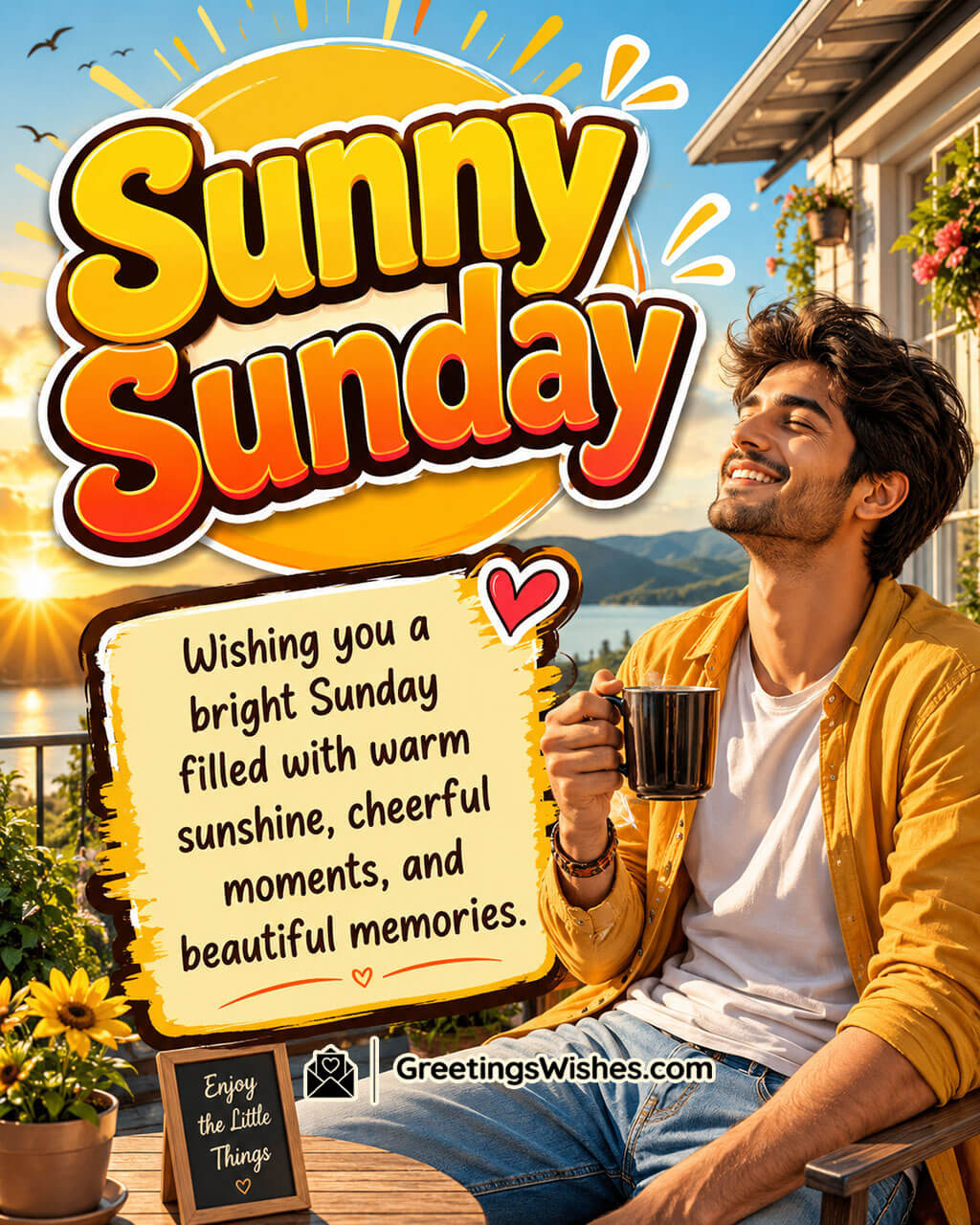Sunny Sunday Good Morning Wish Image featuring golden sunshine and cheerful surroundings symbolizing positivity and beautiful moments.