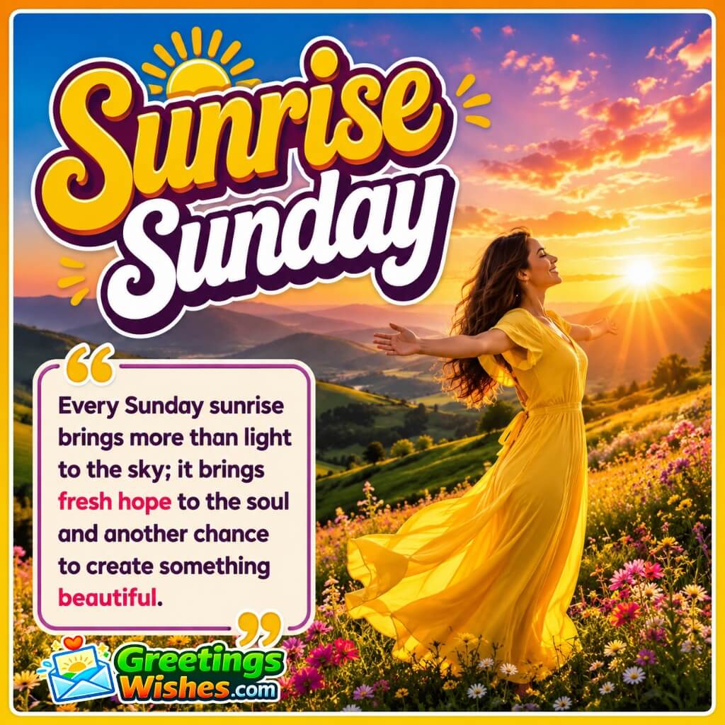 Sunrise Sunday Quote Image featuring a cheerful woman enjoying a radiant sunrise across a colorful meadow symbolizing fresh hope and new beginnings.