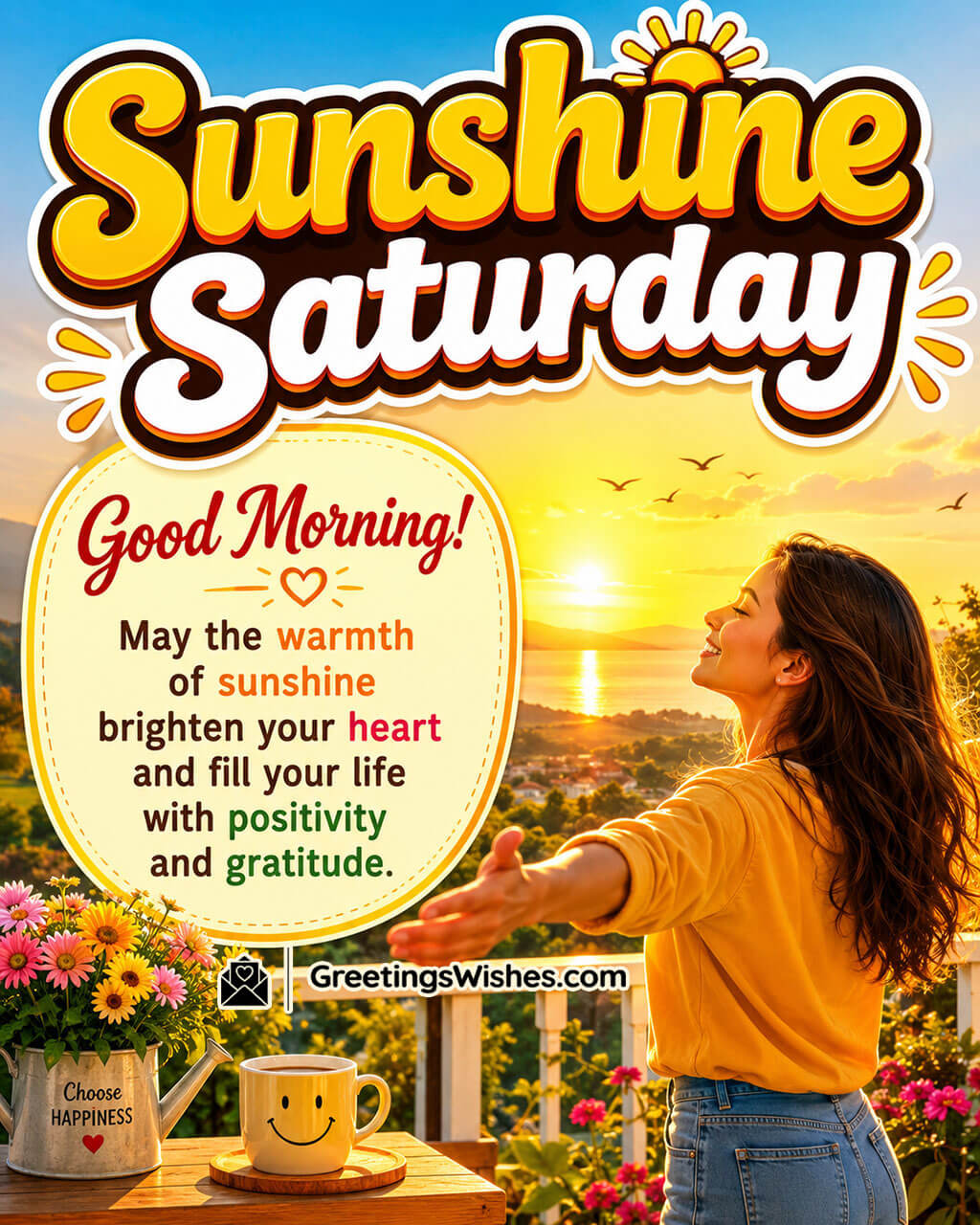 Sunshine Saturday Morning Positivity Image featuring a woman enjoying the sunrise with flowers and a coffee mug symbolizing warmth, positivity, and gratitude.