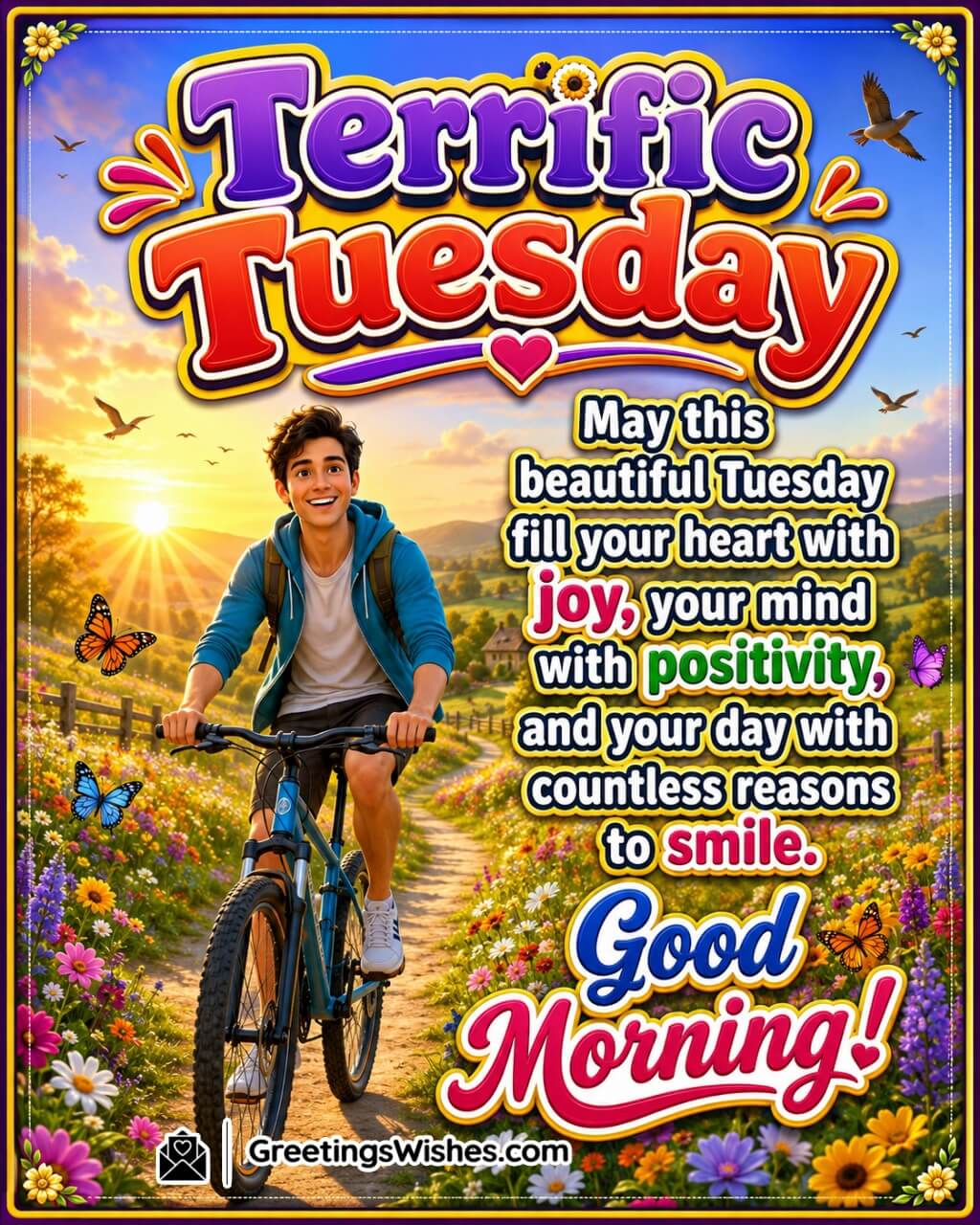 Terrific Tuesday Morning Blessings Wish Image featuring a cheerful cyclist riding through a flower lined sunrise path with butterflies and birds symbolizing joy, positivity, and a bright start to the day.