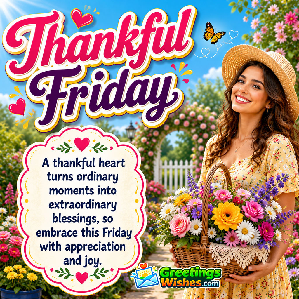 Thankful Friday Quote Image featuring a cheerful young woman enjoying a peaceful flower garden while holding colorful blossoms symbolizing gratitude and happiness.