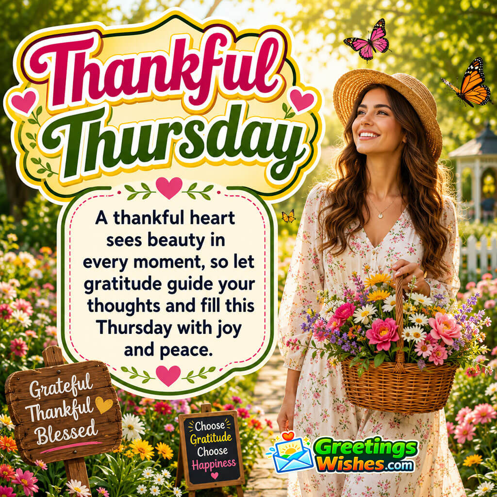 Thankful Thursday Quote Image featuring a cheerful young woman holding a basket of fresh flowers during a peaceful garden walk symbolizing gratitude and happiness.