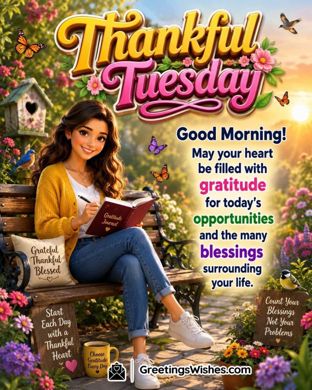Thankful Tuesday Gratitude Blessings Image featuring a smiling person writing in a gratitude journal on a garden bench surrounded by flowers and golden morning light symbolizing appreciation and blessings.
