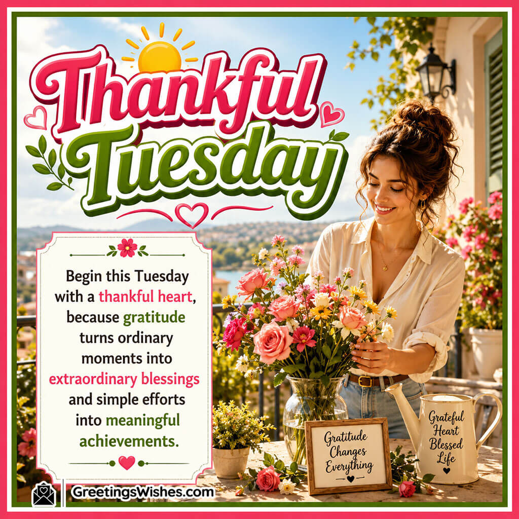 Thankful Tuesday Quote Image featuring a cheerful young woman arranging fresh flowers on a sunny balcony symbolizing gratitude, blessings, and meaningful beginnings.