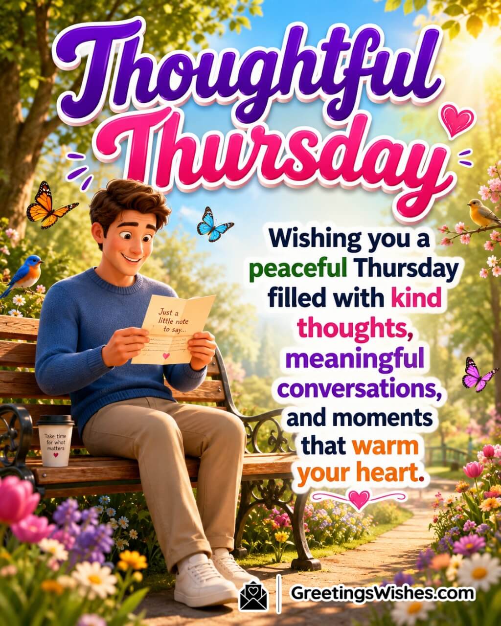 Thoughtful Thursday Blessings and Wishes Image featuring a cheerful person reading a meaningful letter on a peaceful park bench surrounded by flowers symbolizing kindness and heartfelt moments.