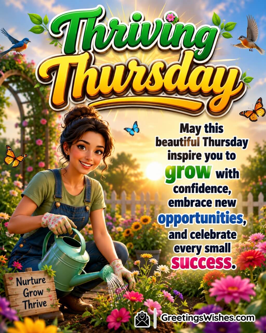 Thriving Thursday Morning Blessings Image featuring a young gardener nurturing blooming flowers in a vibrant sunrise garden symbolizing growth, confidence, and new opportunities.