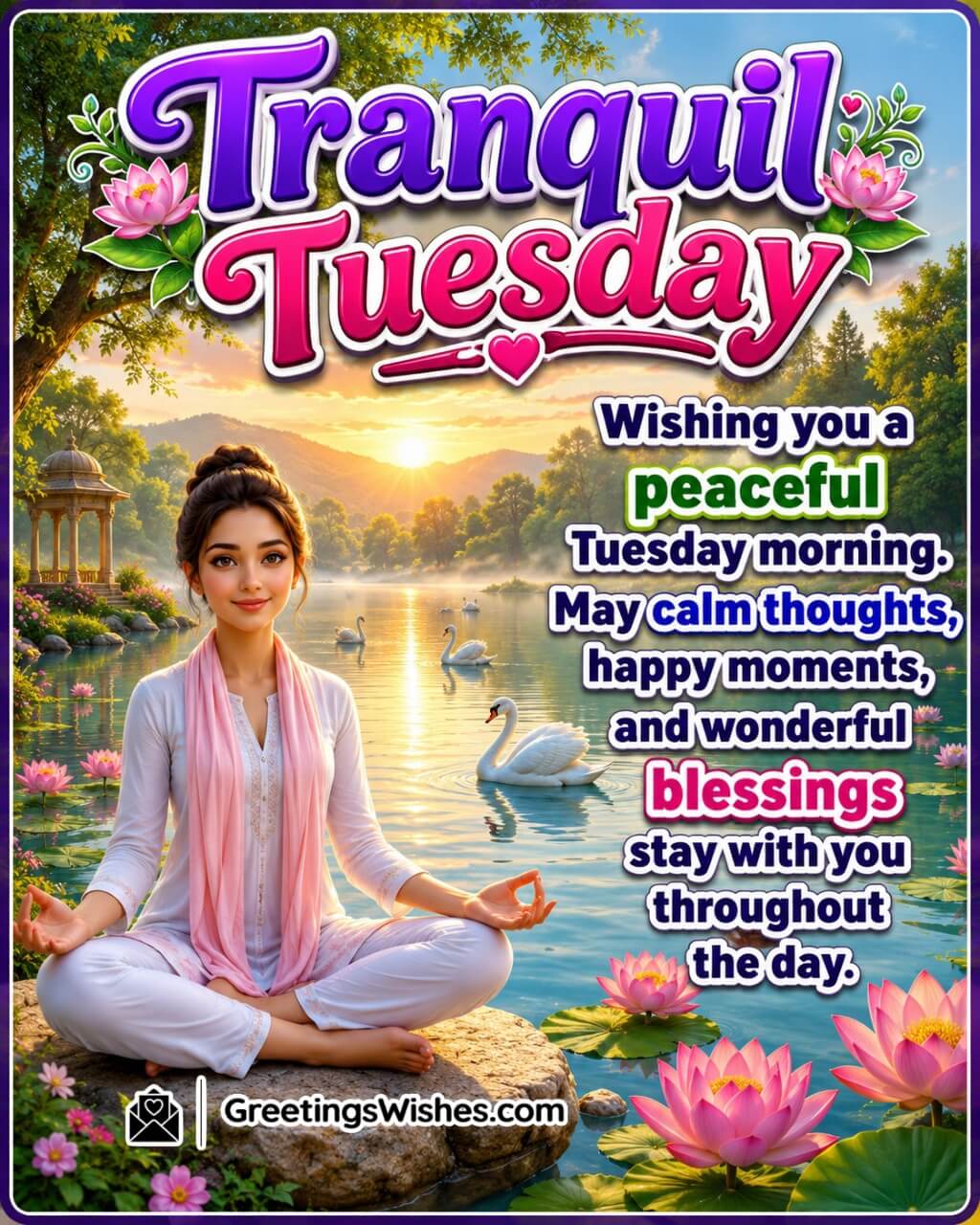 Tranquil Tuesday Peaceful Morning Blessings Image featuring a person meditating beside a calm lake with swans, lotus flowers, and soft sunrise light symbolizing peace, calm thoughts, and inner harmony.