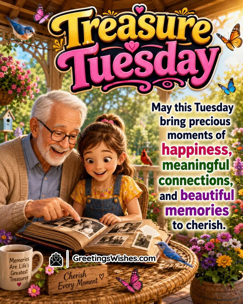 Treasure Tuesday Happiness Message Image featuring a grandparent and child enjoying treasured memories in a beautiful garden setting symbolizing happiness, meaningful connections, and cherished moments.