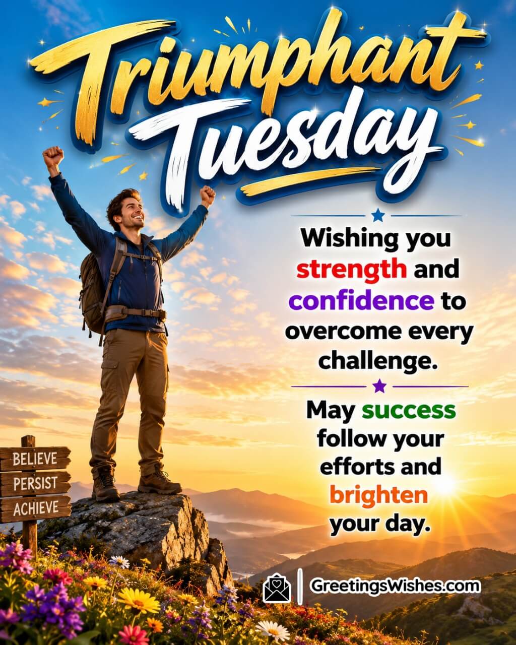 Triumphant Tuesday Success Blessings Image featuring a confident person standing on a mountain summit at sunrise symbolizing strength, confidence, achievement, and success.